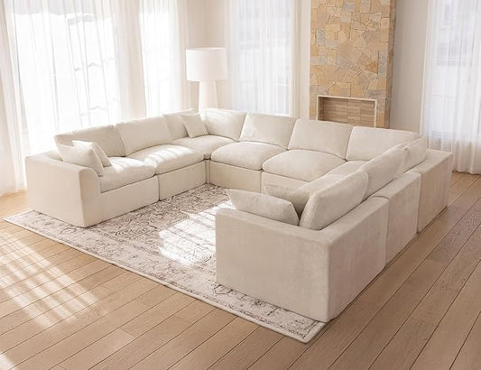 Modular Sectional Sofa – Oversized Modern Cloud Couch with Deep Chenille Seats, U-Shaped Boneless Sofa, Pet-Friendly, No Assembly, Warm White (8 Seater)