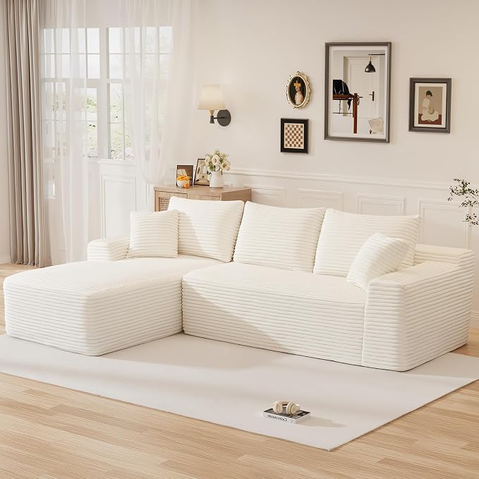 108" L Shaped Cloud Boneless Sectional Couches for Living Room, Modern Comfy Modular Deep Seat Memory Foam Compressed Corduroy Sofa Oversized Left Facing Chaise, No Assembly Required, White