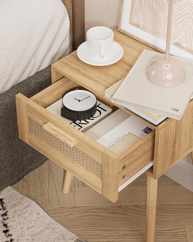 Aienvey Rattan Nightstand, Small Night Stand, Side Table with Drawer Open Shelf, Cane Accent Bedside End Table with Wood Legs, Bohemian Wood Nightstand for Bedroom, Oak (Bohemian)