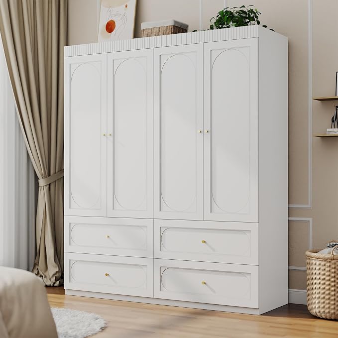 Bedroom Armoire Wardrobe Closet: 63" White Wardrobe Closet with Drawers, Wooden Closets Cabinet for Hanging Clothes, Large Wardrobes Armoires with Doors and Shelves(White)
