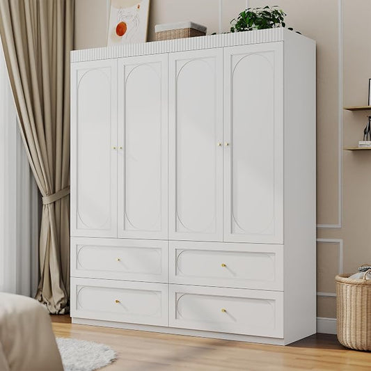 Bedroom Armoire Wardrobe Closet: 63" White Wardrobe Closet with Drawers, Wooden Closets Cabinet for Hanging Clothes, Large Wardrobes Armoires with Doors and Shelves(White)