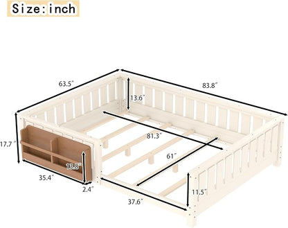 Bellemave Beige Light Natural Montessori Floor Bed with Fence and Slats, Queen Size Montessori Floor Bed with Bookcase and High Rails, Easy Assemble Bed Frame for Girls, Boys, Queen