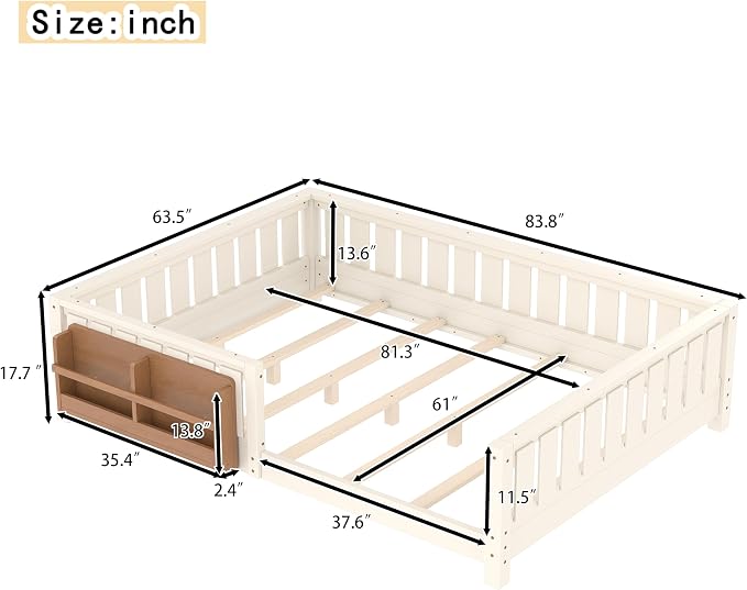 Bellemave Queen Size Floor Bed with high Rails and with Built-in Bookshelf for Kids, Girls, Boys, Wood Montessori Floor Bed Without Door, Beige