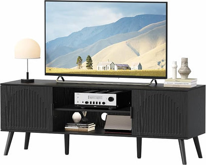 ChooChoo TV Stand for Living Room, Mid Century Modern TV Stand for 55/60 Inch TVs, Entertainment Center with Storage Cabinet and Open Shelves, TV Console Table Media Cabinet for Bedroom, Black