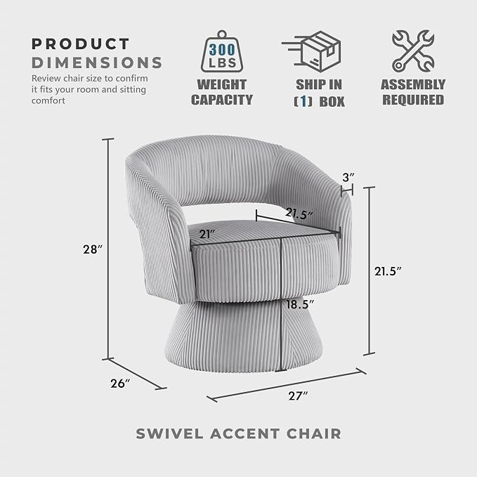Lexicon 360 Degree Swivel Accent Chair, Modern Comfy Corduroy Round Barrel Chair, Open Back, Plush Foam Cushions, Metal Swivel Base for Living Room/Bedroom/Office/Small Spaces, Gray