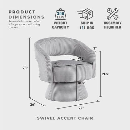 Lexicon 360 Degree Swivel Accent Chair, Modern Comfy Corduroy Round Barrel Chair, Open Back, Plush Foam Cushions, Metal Swivel Base for Living Room/Bedroom/Office/Small Spaces, Gray
