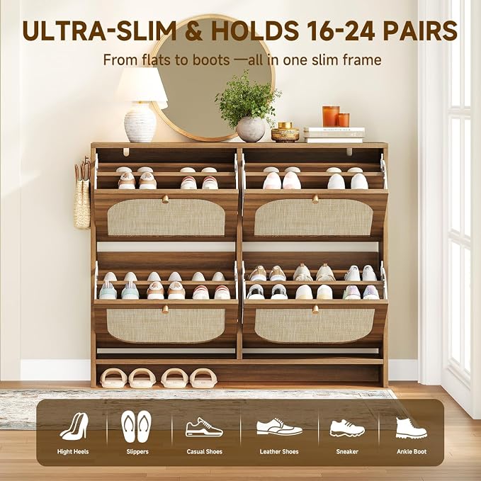Nicetree Rattan Shoe Cabinet for Entryway, 9.5" Ultra-Thin Narrow Shoe Rack with 4 Flip Drawers, Boho Slim Shoe Storage Organizer with Adjustable Shelves, Anti-Tip Safety, Fits Size 13 Men's Boots