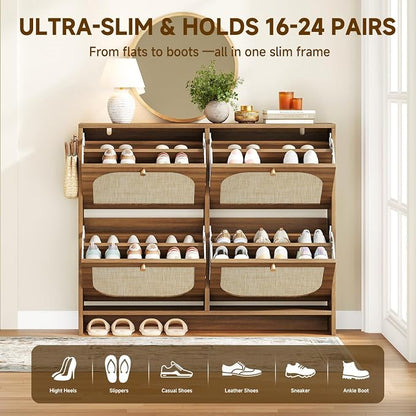 Nicetree Rattan Shoe Cabinet for Entryway, 9.5" Ultra-Thin Narrow Shoe Rack with 4 Flip Drawers, Boho Slim Shoe Storage Organizer with Adjustable Shelves, Anti-Tip Safety, Fits Size 13 Men's Boots