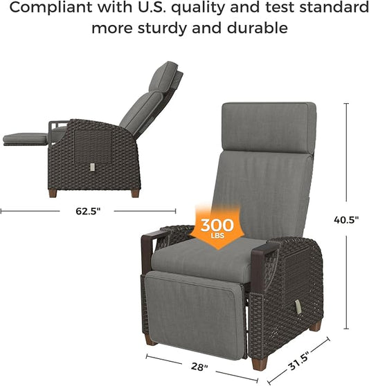 Grand patio Outdoor Recliner Air Pump 150° Lay Flat Reclining Chair with Independent Adjustable Back and Footrest Removable Olefin Cushion Flip-Up Table Wicker Grey 2PCS