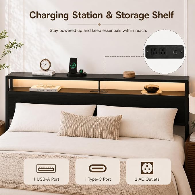Zevemomo King Size Bed Frame with Storage Drawers, Bed Frame King Size with Headboard, LED Light, Charging Station with 2 USB Ports & 2 AC Ports, Noiseless, Black