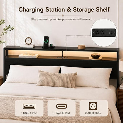 Zevemomo King Size Bed Frame with Storage Drawers, Bed Frame King Size with Headboard, LED Light, Charging Station with 2 USB Ports & 2 AC Ports, Noiseless, Black