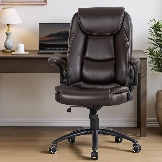 MALOL 300LBS PU Leather High-Back Executive Office Chairs, Heavy Duty Home Ergonomic Computer Chair Flip-Up Armrests & Reclining Backrest, Brown