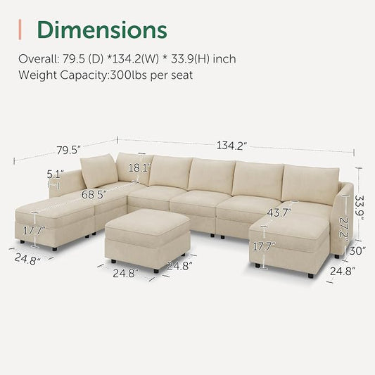 HONBAY Modular Sectional Sofa with Storage, U Shaped Couch Modular Convertible Sectional Couches for Living Room - Beige