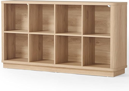 Joaxswe 8 Cube Storage Book Shelf, 52" Long Horizontal Bookshelf with Curved Edge, Floor Standing Wooden Cubby Bookcase with Base, Modern Low Console Book Case, TV Stand for Living Room, Natural Oak