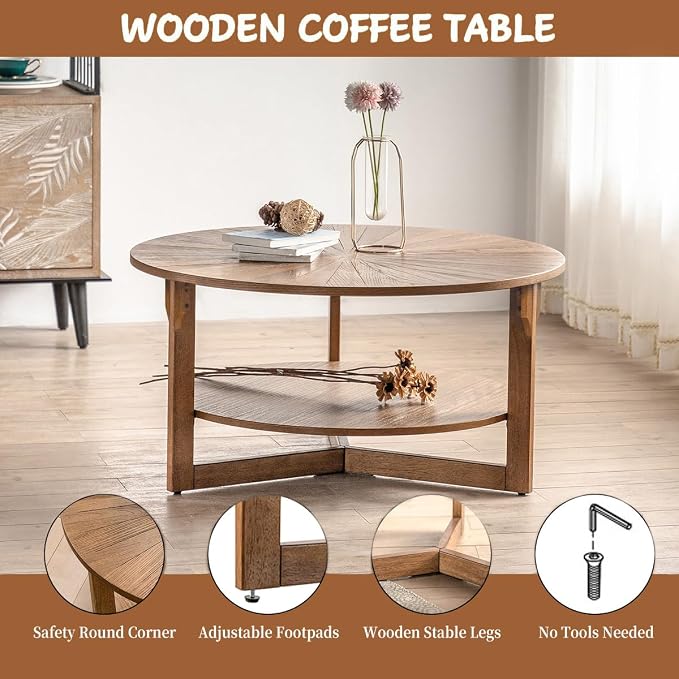Round Coffee Table, 35" Circle Wood Coffee Table with Storage Shelf, 2 Tier Center Table for Living Room Apartment Home Furniture, Easy Assembly (Espresso,35" Dx35 Wx18 H)