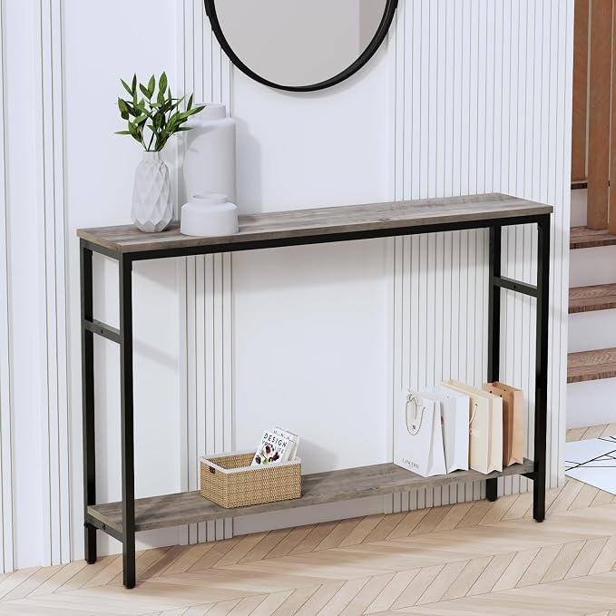 Timberer Narrow Console Table, 47 Inch Sofa Table with Adjustable Shelf, 2-Tier Long Skinny Table for Hallway, Entryway, Living Room, Foyer, Grey