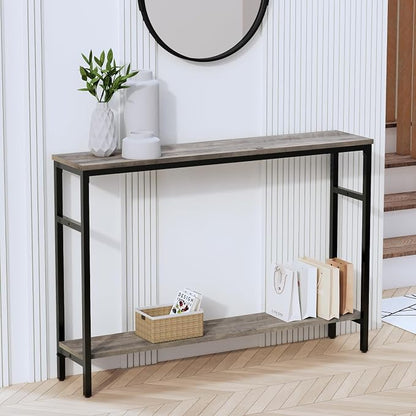 Timberer Narrow Console Table, 47 Inch Sofa Table with Adjustable Shelf, 2-Tier Long Skinny Table for Hallway, Entryway, Living Room, Foyer, Grey