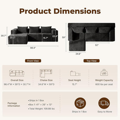 Modular Sectional L-Shaped Sofa with Deep Seat, Modern Boneless Comfy Corduroy Fluffy Couch with Side Pockets and Anti-Slip & Floor-Friendly Bottom for Living Room, No Assembly, Black