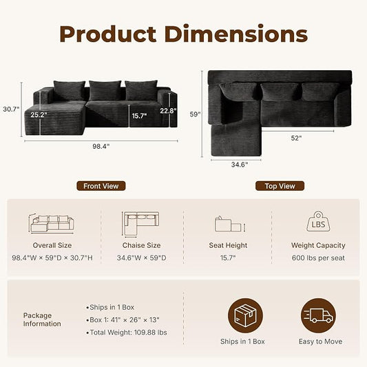 Modular Sectional L-Shaped Sofa with Deep Seat, Modern Boneless Comfy Corduroy Fluffy Couch with Side Pockets and Anti-Slip & Floor-Friendly Bottom for Living Room, No Assembly, Black
