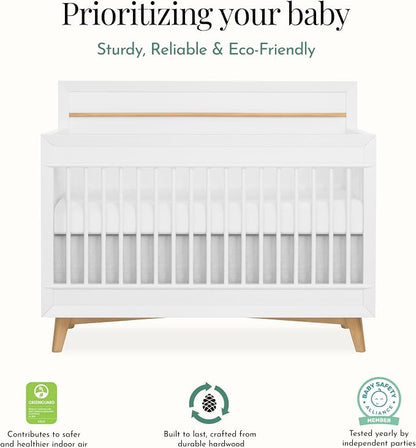 Evolur Loft Antilia Mid-Century 4-in-1 Convertible Crib in White & Natural, GREENGUARD Gold Certified, Converts to Toddler Bed, Daybed & Full Bed, Fits Standard Crib Mattress, Adjustable Mattress Base