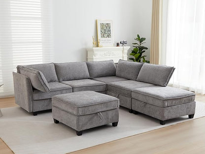 ORRD Corner Modular Sectional Sofa Set, Convertible L Shaped Couch with Storage, 6 Seater Sofa Modular with Ottomans and Reversible Chaise for Living Room, Office (Grey)