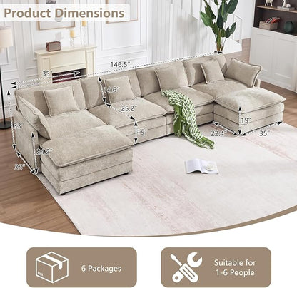 147" Modular Sectional Sofa, Oversized U Shaped Sectionals Cloud Couch, Big Comfy Couch with 2 Ottomans, 6 Seater Chenille Sectional Sofa with Deep Seat and 6 Pillows for Living Room- Camel