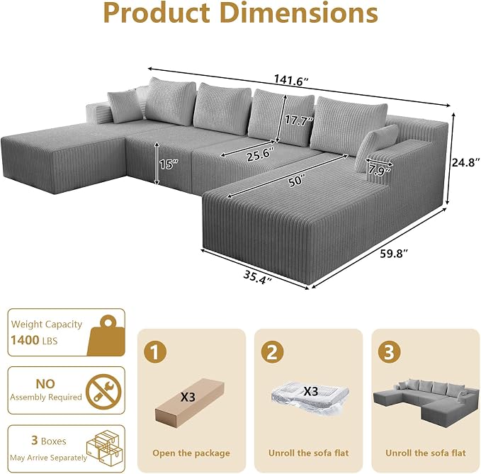 142" Oversized Cloud Modular Sectional Sofa Boneless Couches with Double Chaise Lounge and Deep Seat, Fluffy Corduroy Upholstered Compressed Lounge Sofa & Couches for Living Room