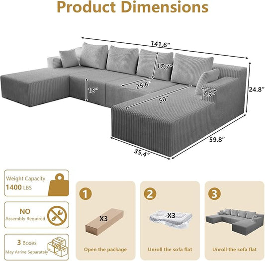 142" Oversized Cloud Modular Sectional Sofa Boneless Couches with Double Chaise Lounge and Deep Seat, Fluffy Corduroy Upholstered Compressed Lounge Sofa & Couches for Living Room