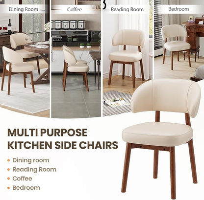 MALOL Wooden Dining Chairs Set of 4, Modern Upholstered Dining Room Chair, PU Leather Kitchen Side Chairs with Curved Open Back for Living Room/Restaurant/Cafe, Beige