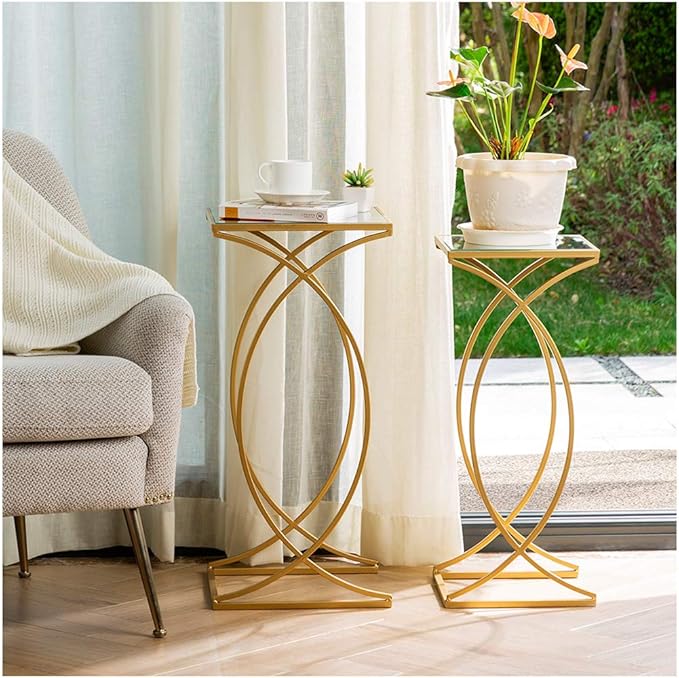 Glitzhome Nesting Side Tables, Set of 2 End Tables with Metal Frame & Tempered Glass Top, Coffee Tables Decorative Accent Tables for Bedroom, Living Room, Home Office - Golden