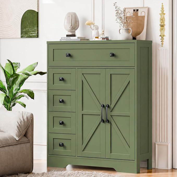 Vabches Farmhouse Storage Cabinet with 2 Doors and 5 Drawers, Freestanding Bathroom Cabinets Kitchen Pantry, Floor Storage Cabinet Hutch Cupboard for Living Room/Bathroom/Kitchen. Green