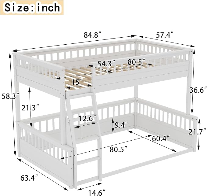 RUNNA Solid Wood Bunk Bed with Ladder, Guardrails & Detachable Design | Solid wood bunk bed, ladder, Guardrails, detachable split design, kids teens bedroom, no box spring