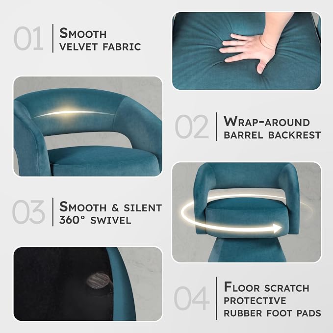 Lexicon 360 Degree Swivel Accent Chair, Modern Comfy Velvet Round Barrel Chair, Open Back, Plush Foam Cushions, Metal Swivel Base for Living Room/Bedroom/Office/Small Spaces, Dark Teal