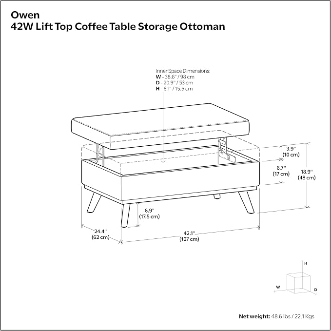 SIMPLIHOME Owen Lift Top Coffee Table Storage Ottoman - 42 inch Wide Upholstered Vegan Leather Rectangular Lift-Top Ottoman in Distressed Chestnut Brown, Mid-Century Modern Ottoman for Living Room
