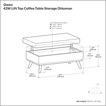 SIMPLIHOME Owen Lift Top Coffee Table Storage Ottoman - 42 inch Wide Upholstered Vegan Leather Rectangular Lift-Top Ottoman in Distressed Chestnut Brown, Mid-Century Modern Ottoman for Living Room