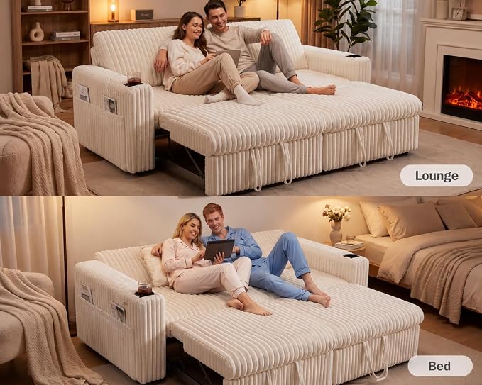 Vipbear 91" Sectional Sleeper Sofa with Pull Out Bed,5-Level Adjustable Backrest,3 Seat Modular Couch with Storage,Tool Free Assembly,USB & Cup Holders, Corduroy Sofa for Living Room,Beige