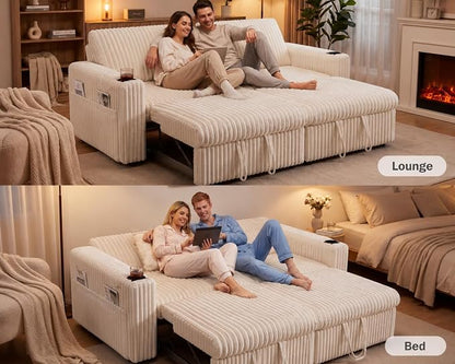 Vipbear 91" Sectional Sleeper Sofa with Pull Out Bed,5-Level Adjustable Backrest,3 Seat Modular Couch with Storage,Tool Free Assembly,USB & Cup Holders, Corduroy Sofa for Living Room,Beige