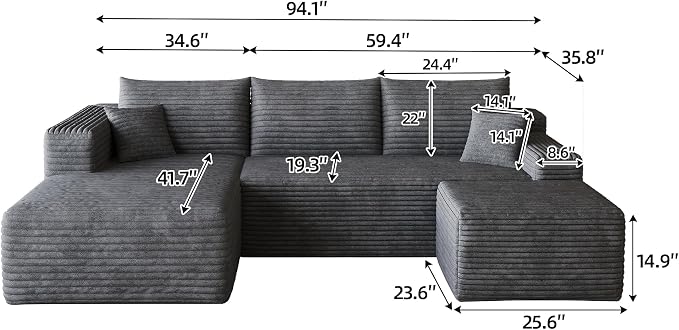 JINGLING 25.6 Inch Plush Corduroy Ottoman, Modular Sectional Foot Rest for Living Room, Upholstered Cloud Ottoman for Boneless Couch in a Box, Compressed Memory Foam, No Assembly Require, Dark Grey