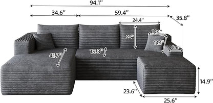 JINGLING 25.6 Inch Plush Corduroy Ottoman, Modular Sectional Foot Rest for Living Room, Upholstered Cloud Ottoman for Boneless Couch in a Box, Compressed Memory Foam, No Assembly Require, Dark Grey