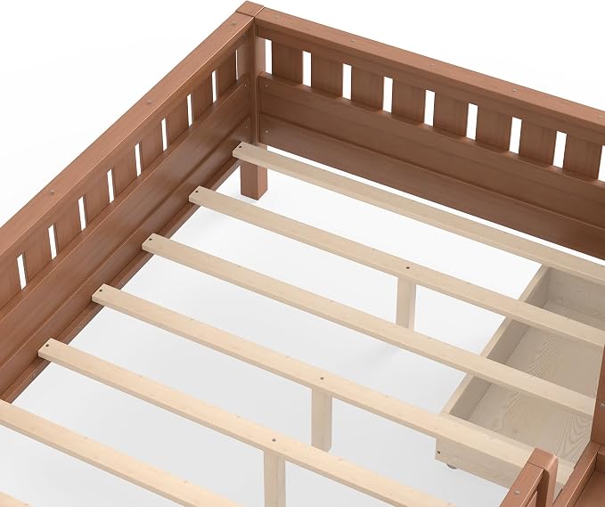 Bellemave Full Floor Bed with Stairs, Rails and Slats, Full Size Montessori Floor Bed with Bookshelf and 2 Storage Drawers, Easy Assemble Montessori Beds Frame for Girls, Boys, Natural