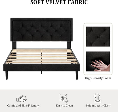 CXVX Queen Size Platform Bed Frame with Upholstered Velvet Button Tufted Headboard, Mattress Foundation with Wooden Slat Support, No Box Spring Needed, Easy Assembly, Noise Free, Black