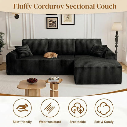 110" L Shaped Boneless Sectional Couches for Living Room, Comfy Corduroy Floor Cloud Sofa with Chaise, Wide Armrest, Deep Seat, Memory Foam, Assembly Free, Ideal for Small Spaces, Black