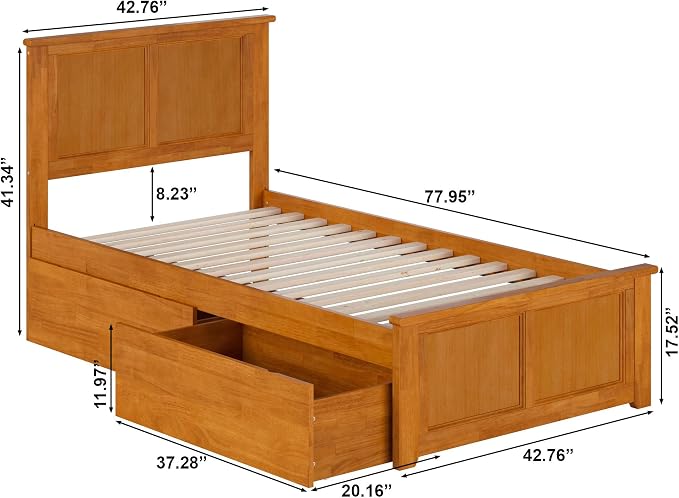 AFI, Madison Twin Platform Bed with Matching Footboard & Storage Drawers, Light Toffee