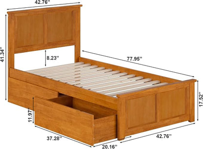 AFI, Madison Twin Platform Bed with Matching Footboard & Storage Drawers, Light Toffee