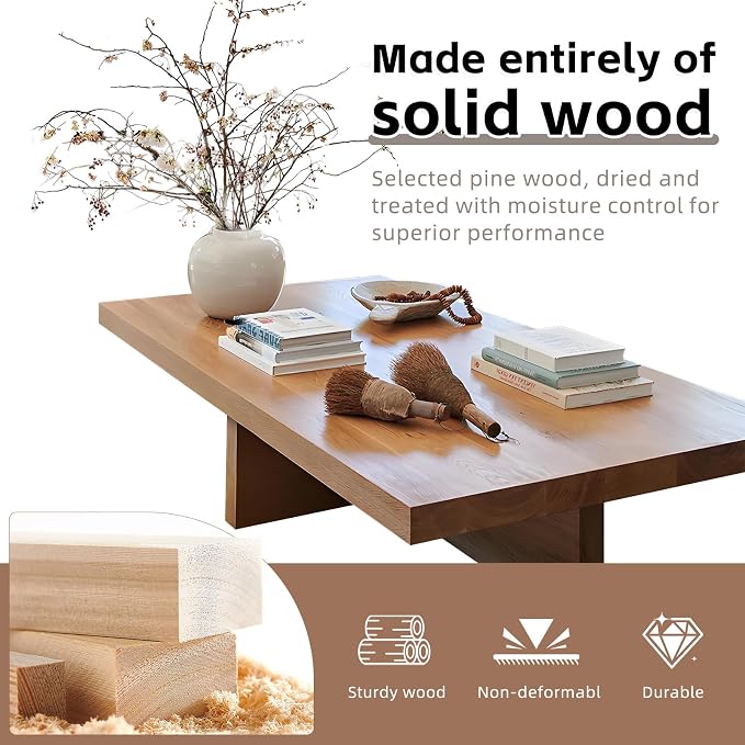 Solid Wood Coffee Table,Rustic Square Centre Table,Farmhouse Living Room Table,2”Thick Tabletop for Living Room,Office