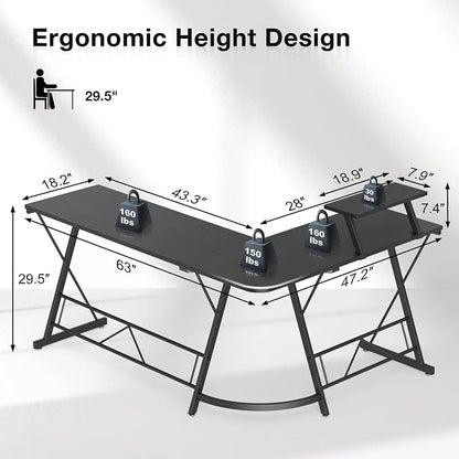 Mr IRONSTONE 63" L Shaped Computer Desk, Corner Desk, Home Office Desk, Gaming Writing Workstation with Large Monitor Stand, Easy to Assemble, Black
