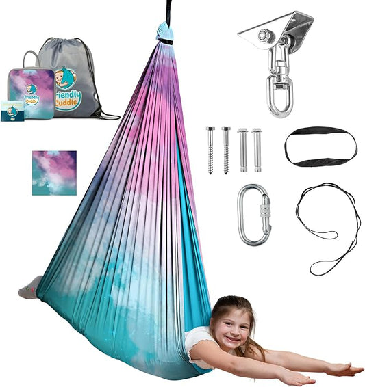 Indoor Sensory Swing for Kids or Outdoor – Holds 300lbs, Double-Layer, & 360° Swivel, Calming Compression Therapy Swing Hammock for Kids & Adults with All Hardware – Sensory-Motor Toys & Gifts