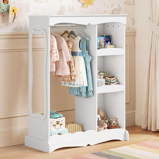 Curipeer Kids Dress Up Storage with Cloud Base & Flower Mirror, Open Hanging Closet Wardrobe for Children, Kids Armoire & Costume Organizer for Bedroom Playroom Preschools Classroom, White