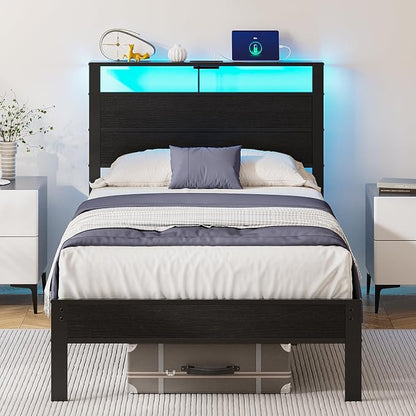 Twin Bed Frame with LED Lights & USB Charging Station, Black Metal Platform Bed with Storage Headboard, Under-Bed Space, Noise-Free & Sturdy, No Box Spring Needed, Easy Assembly