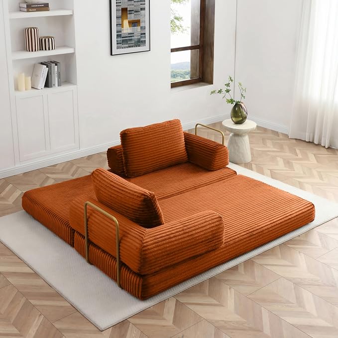 HANXIN 80 Inch Convertible Sleeper Sofa Bed, High Back Plush Corduroy Folding Floor Mattress Couch with Fixed-Shape Frame, Boneless Futon Loveseat with Pull Out Bed, No Assembly Required (Orange)